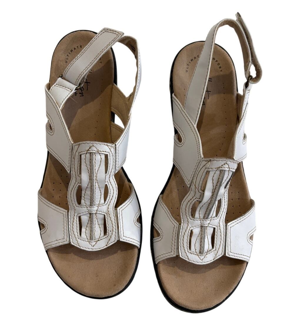 Clarks Leisa Skip White Leather Wedge Sandals Womens 9.5 Adjustable Ankle Strap